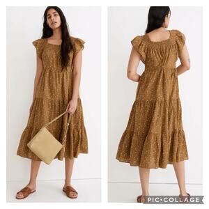 Madewell Ruffled Sleeve Tiered Midi Dress Olive Daisy Print Size Medium